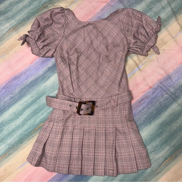 Free People Sevi Plaid Mini Dress Puff Sleeve Grey and Pink Combo Size XS NWOT - Picture 2 of 10